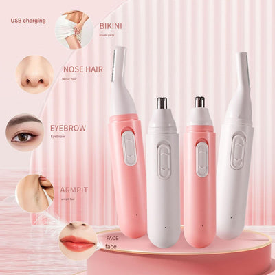 Black 2-in-1 electric nose and ear hair trimmer set with interchangeable heads, charging cable, and packaging. - Image 3