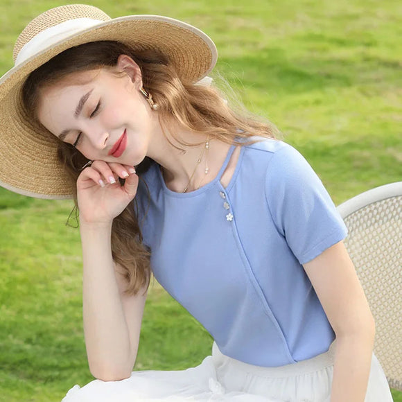 Blusa Ajustada de Punto Azul Manga Corta Efecto Adelgazante