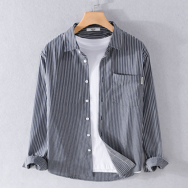 Camisa Casual Hombre a Rayas Azul Otoño Estilo Coreano