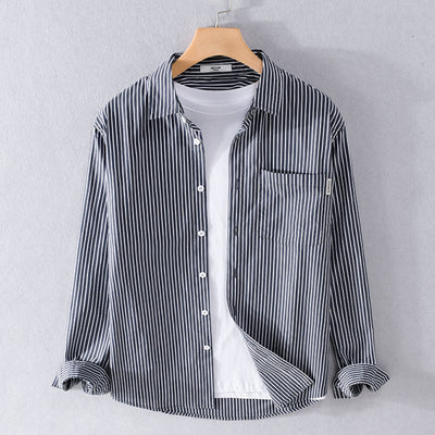 Camisa Casual Hombre a Rayas Azul Otoño Estilo Coreano