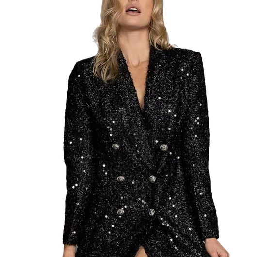 Blusa Larga Negra Mujer Cuello V Doble Botonadura con Lentejuelas Ajustada - Image 10
