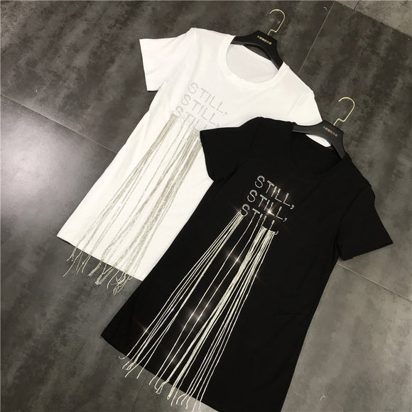 Playera Midi con Strass y Cadena Fringe para Mujer