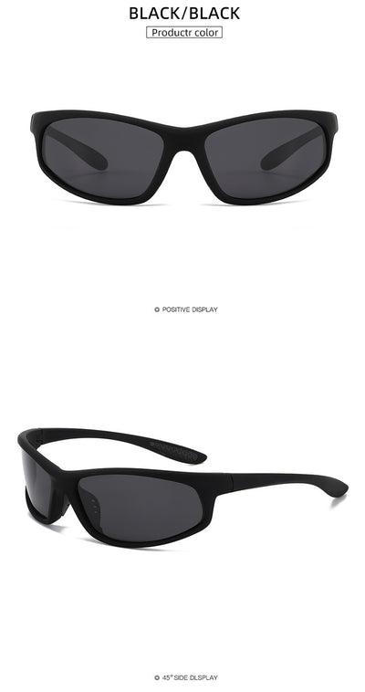 Black sports sunglasses with dark gray lenses and a matte finish, featuring a wrap-around frame style. - Image 18