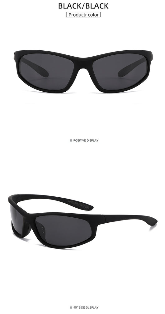 Black sports sunglasses with dark gray lenses and a matte finish, featuring a wrap-around frame style. - Image 18