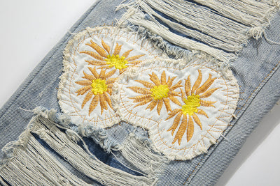 Jeans de Mezclilla con Parches Margarita Bordados Estilo Street - Image 3