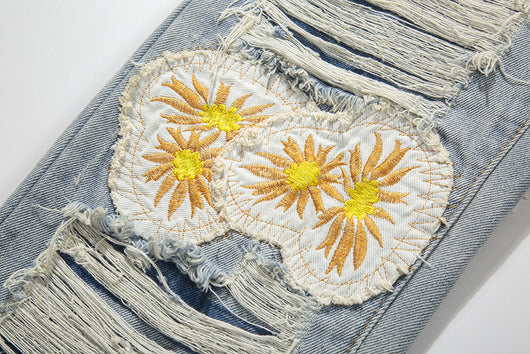 Jeans de Mezclilla con Parches Margarita Bordados Estilo Street - Image 3