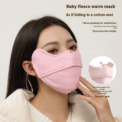 Black winter thermal mask with ear hooks, contoured for face and nose, shown on a person and in a close-up. - Image 2