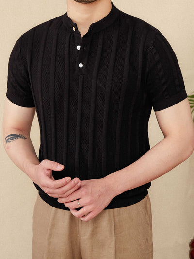 Camiseta Casual de Punto Henry Collar a Rayas - Manga Corta 100% Algodón para Hombre - Image 4