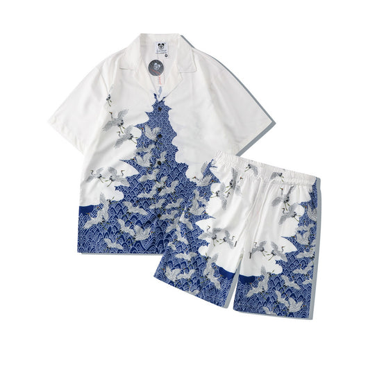 Camisa Suelta Estampada Grúa Azul y Blanco Manga Corta