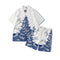 Camisa Suelta Estampada Grúa Azul y Blanco Manga Corta