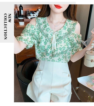 Blusa Chiffon Floral Hombro Descubierto - Camisa Romántica de Manga Corta - Image 23