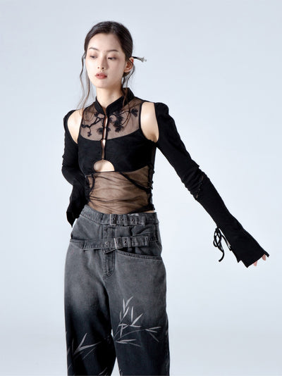 Blusa Negra de Gasa con Bordado Hueco Estilo Chino en Pino y Ciprés - Image 9