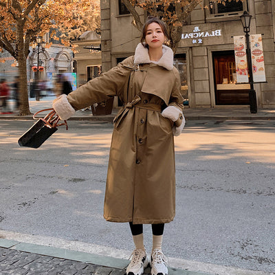 Abrigo de Algodón Elegante con Solapa y Cintura Ajustable Sobre la Rodilla