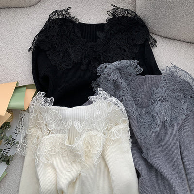 Suéter Tejido con Encaje Calado y Cuello en V para Mujer - Colección Otoño Invierno - Image 3