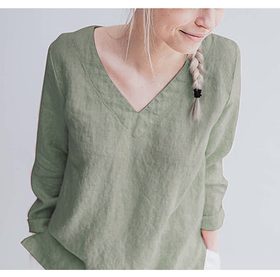 Blusa de Lino Puro Cuello V Manga Larga para Mujer - Image 8