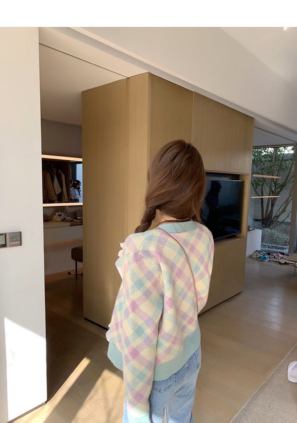 Cardigan Mujer Cuello V Combinado de Colores con Detalles Diamante