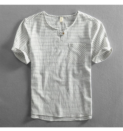 Camiseta Hombre Algodón Rayas Cuello Abierto Manga Corta Suelta Casual - Image 27