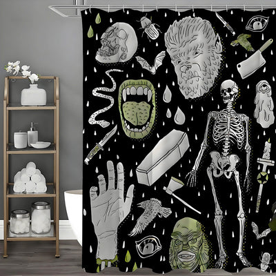 Black polyester shower curtain with a horror print featuring skeletons, skulls, monsters, and spooky elements. - Image 10