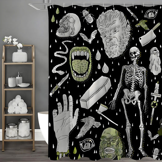 Black polyester shower curtain with a horror print featuring skeletons, skulls, monsters, and spooky elements. - Image 10