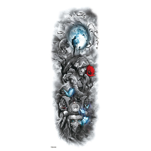 Full arm temporary tattoo sticker with a black, red, and light blue tribal design, featuring abstract shapes and patterns. - Image 13