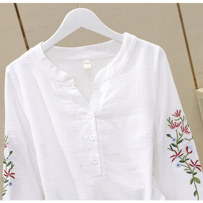 Blusa de Algodón con Escote V y Bordado Plisado Manga Larga - Image 23