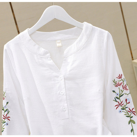 Blusa de Algodón con Escote V y Bordado Plisado Manga Larga - Image 23