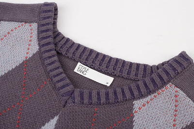 Suéter Tejido Diamante Cuello V Gris Azulado Retro Americano para Mujer - Image 5