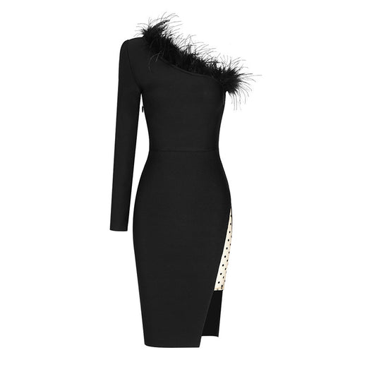 Vestido de Malla con Cuello de Piel Sintética, Hombro Descubierto y Lunares - Image 8