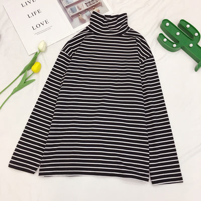 Camiseta de Cuello Alto a Rayas Estilo Coreano - Básico Versátil para Estudiantes