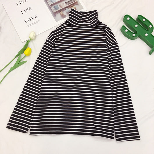 Camiseta de Cuello Alto a Rayas Estilo Coreano - Básico Versátil para Estudiantes