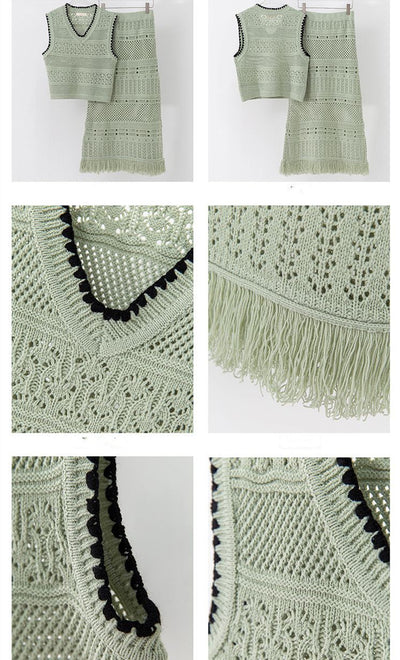 Conjunto Dos Piezas Chaleco Tejido con Borlas Color Sólido sin Mangas - Image 13