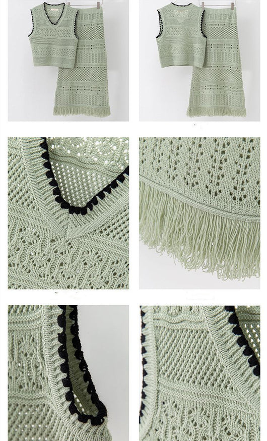 Conjunto Dos Piezas Chaleco Tejido con Borlas Color Sólido sin Mangas - Image 13
