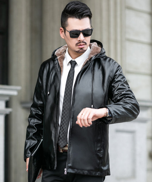 Chaqueta de Cuero para Moto con Forro de Piel - Abrigo Grueso para Otoño e Invierno