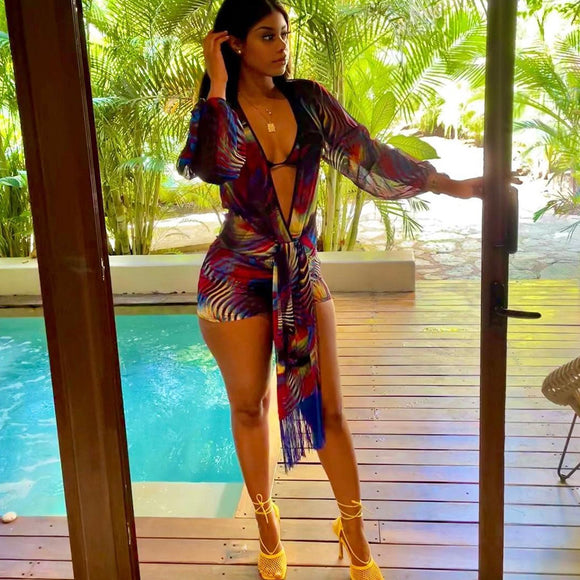 Traje de Baño Bikini Tres Piezas Transparente con Malla Digital