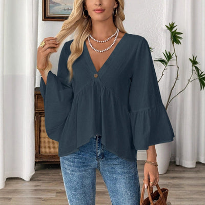 Blusa Cuello V con Mangas Volantes en Colores Sólidos - Image 4
