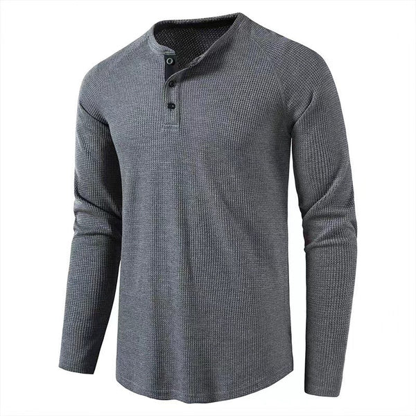 Camiseta Henley Waffle Hombre Manga Larga Cuello Redondo Slim Fit Peso Pesado