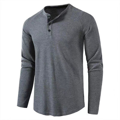 Camiseta Henley Waffle Hombre Manga Larga Cuello Redondo Slim Fit Peso Pesado