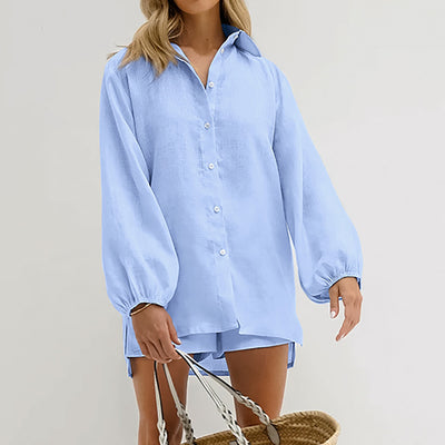 Conjunto Dos Piezas: Camisa Azul de Algodón Manga Larga y Shorts - Image 5