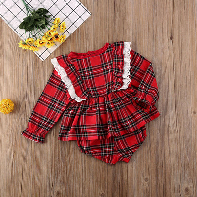 Traje Infantil Cuadros Rojos con Moño y Encaje - Image 12