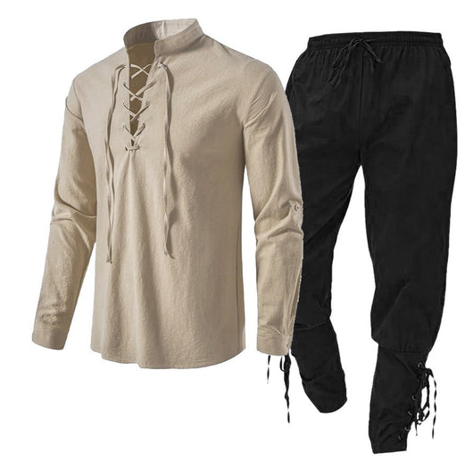 Conjunto de Dos Piezas: Camisa Casual de Lino y Algodón Manga Larga Color Sólido - Image 8