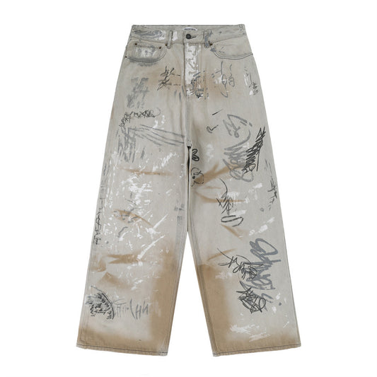 Jeans Hombre con Diseño Graffiti Pintado a Mano y Desgaste Artístico