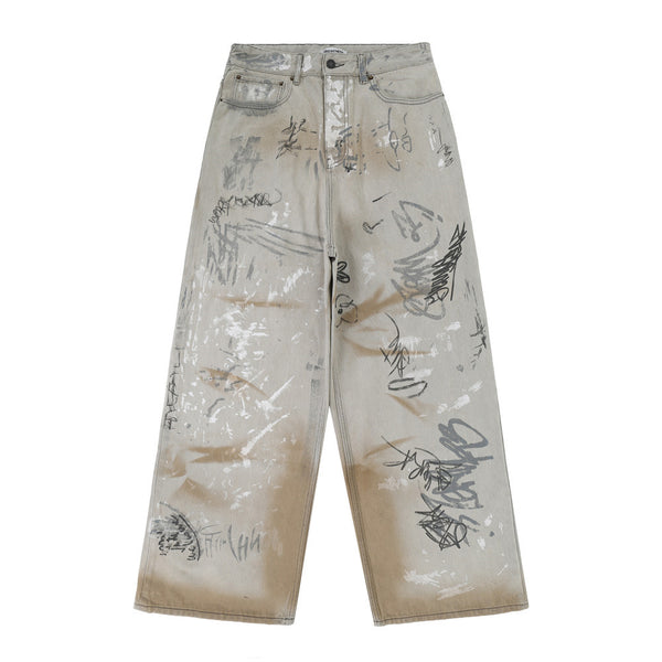 Jeans Hombre con Diseño Graffiti Pintado a Mano y Desgaste Artístico