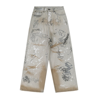 Jeans Hombre con Diseño Graffiti Pintado a Mano y Desgaste Artístico
