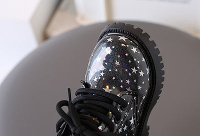 White toddler girls' boots with a holographic star pattern, lace-up front, and side zipper closure. - Image 28
