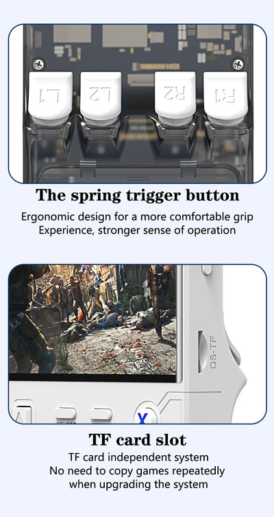 White handheld game console with a 4-inch HD screen, dual joysticks, and various buttons, shown with blue, black, and purple variants. - Image 15
