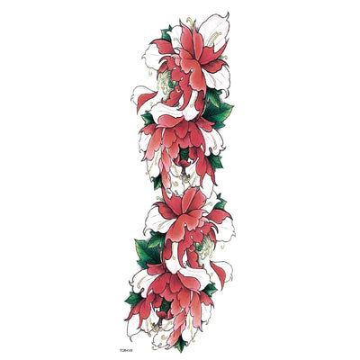 Full arm temporary tattoo sticker with a black, red, and light blue tribal design, featuring abstract shapes and patterns. - Image 45