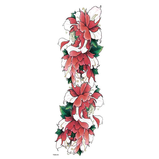 Full arm temporary tattoo sticker with a black, red, and light blue tribal design, featuring abstract shapes and patterns. - Image 45