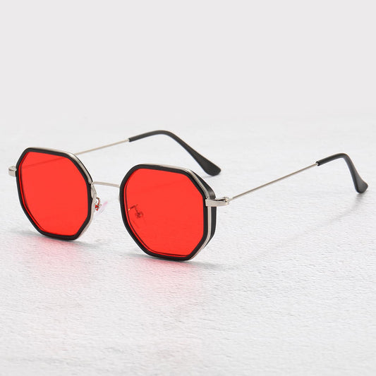 Men's personalized polygon sunglasses with black and gold frame and purple gradient UV resistant lenses.