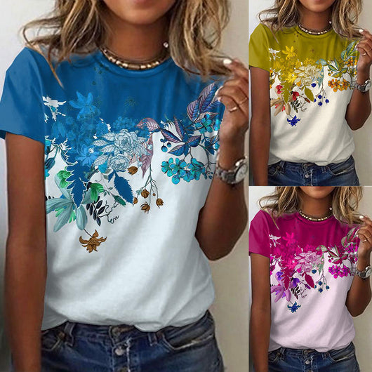 Blusa Estampada de Bloques de Color con Cuello Redondo