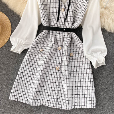 Vestido Houndstooth con Tirantes y Mangas Puff - Image 20